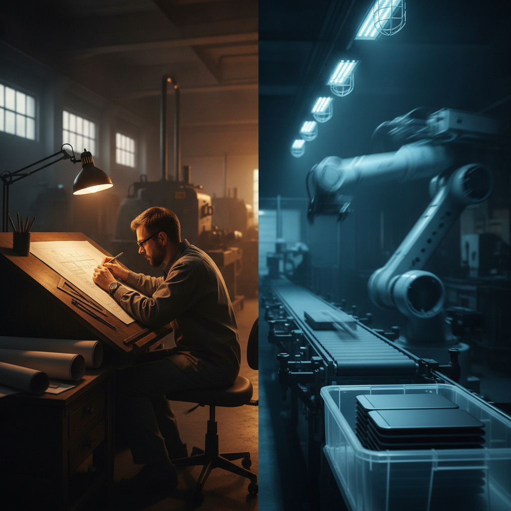 A single factory frame split in two: on the left a person at a wooden drafting desk working slowly and deliberately over plans; on the right a robotic assembly arm moving so fast it's a motion blur — the making stage automated to near-zero cost, the thinking stage still human.