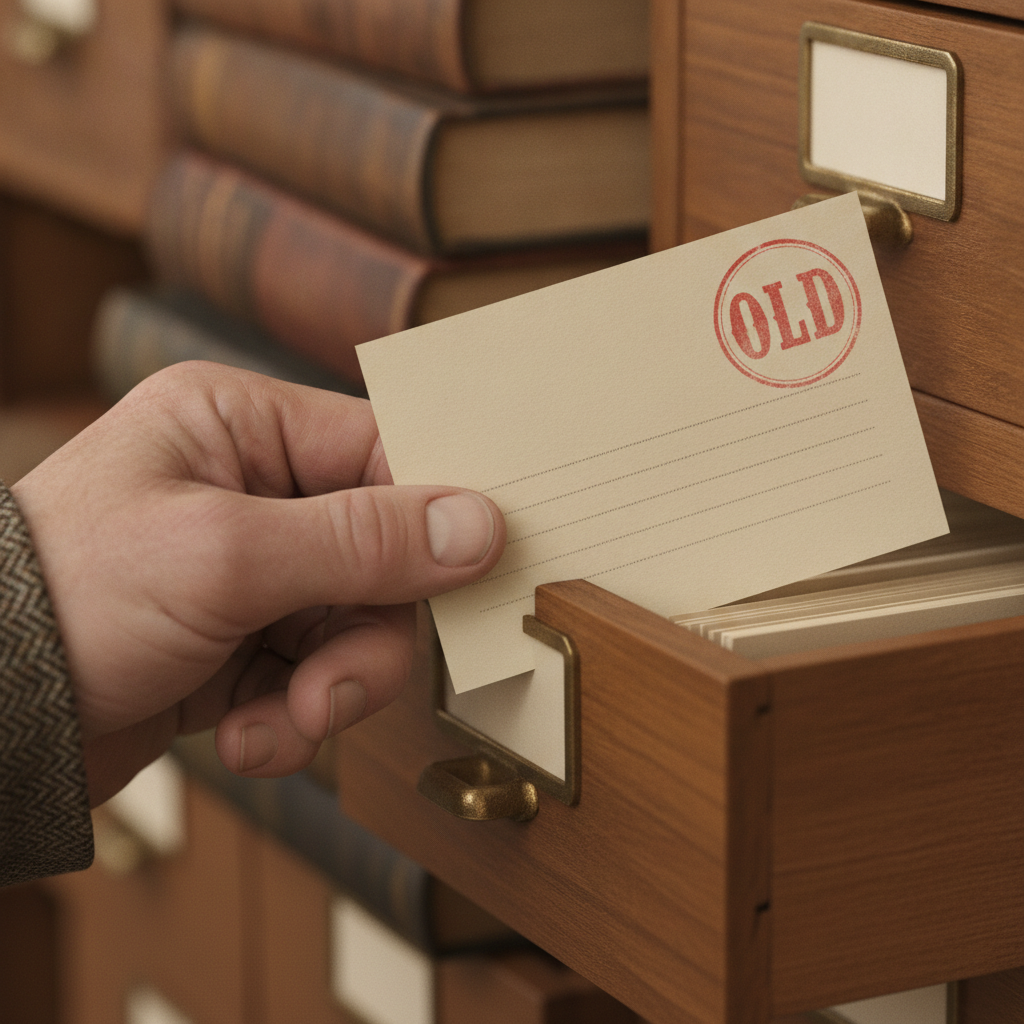 A librarian's hand pulling a pre-written answer card from a drawer instead of re-typing it — but the card carries a small red date stamp reading old. The staleness gotcha.