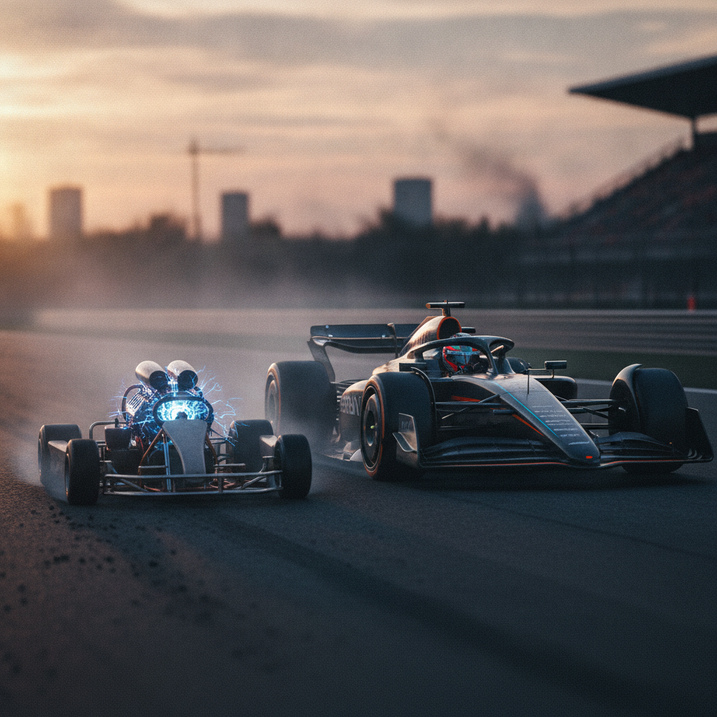 A go-kart and a Formula 1 car side by side on a dusk race track, both showing an identical glowing engine — same engine, different machine; the driver is the difference.