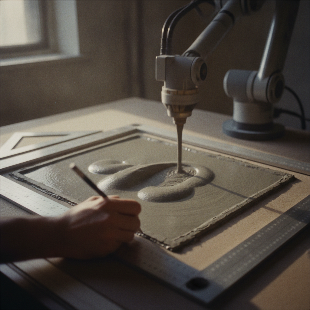A hand drafting a precise rigid frame while an agent fills in the interior — you draw the seams, the agent pours the concrete.