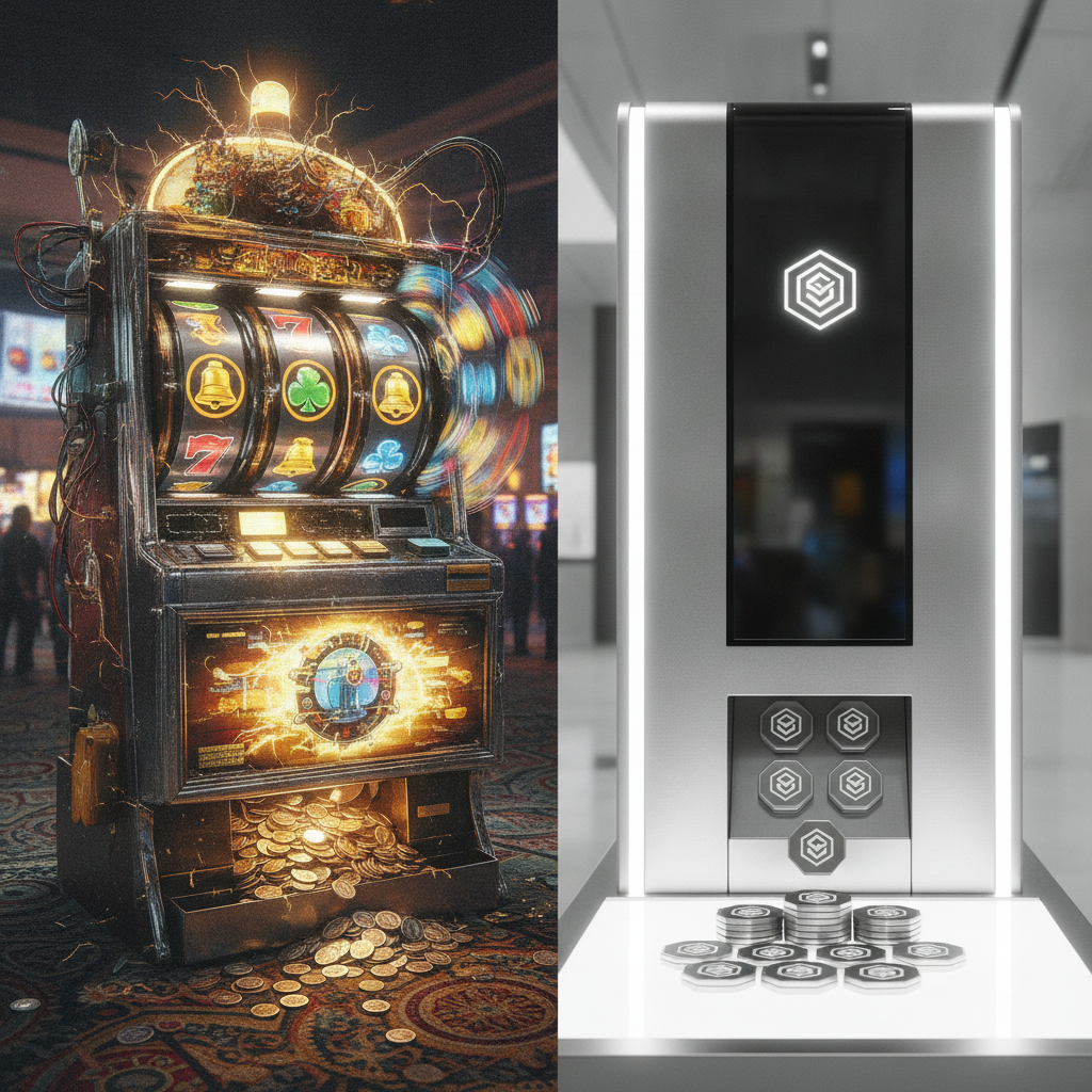 A chaotic slot machine with spinning reels transforming into a clean deterministic machine that emits one fixed shape every time — turning a slot machine into a function.