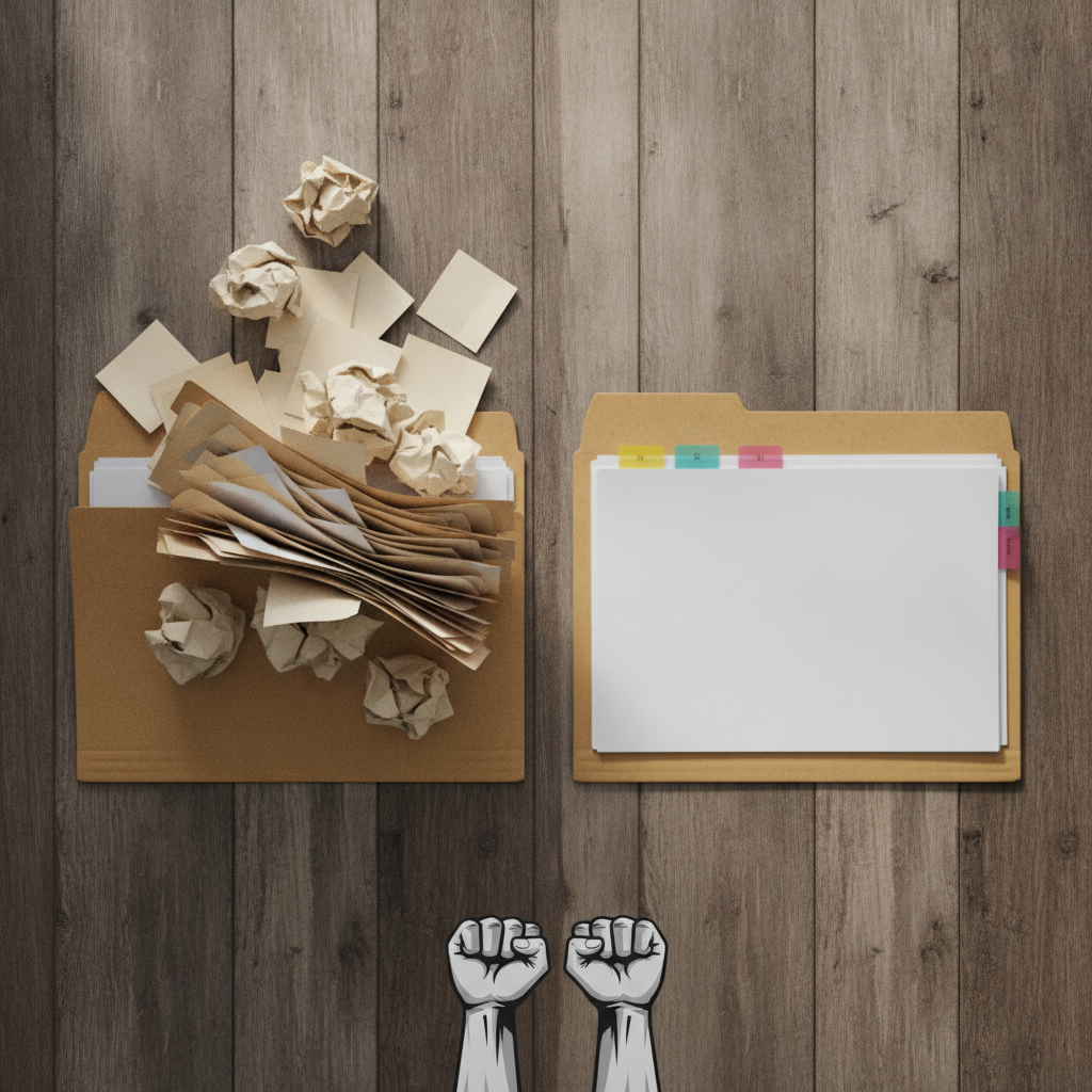 Two manila folders on a desk — one bulging and overstuffed, one slim with a few clearly-tabbed pages. A tight folder beats a fat one every time.
