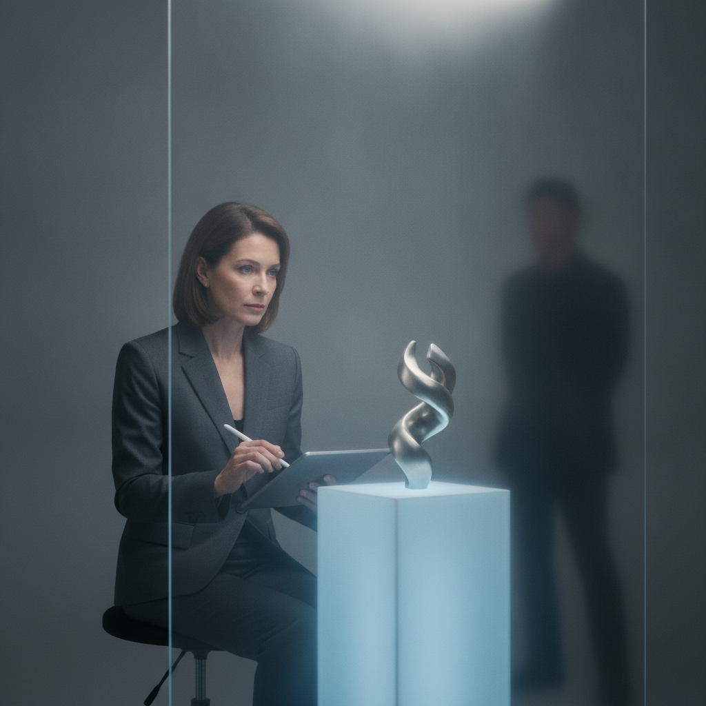 A competition judge seated behind a frosted glass partition, scoring only the object on the pedestal in front of them while the contestant stays hidden on the far side — an impartial judge with isolated context.