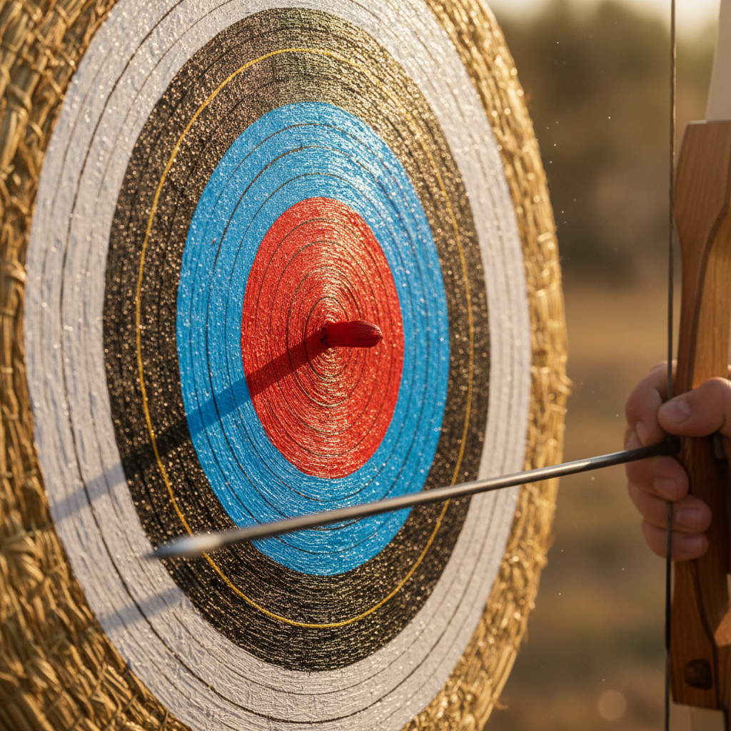 An archery target being freshly painted onto a straw butt, an arrow nocked on a bow in the soft-focus foreground but not yet loosed — you paint the bullseye before you take the shot.