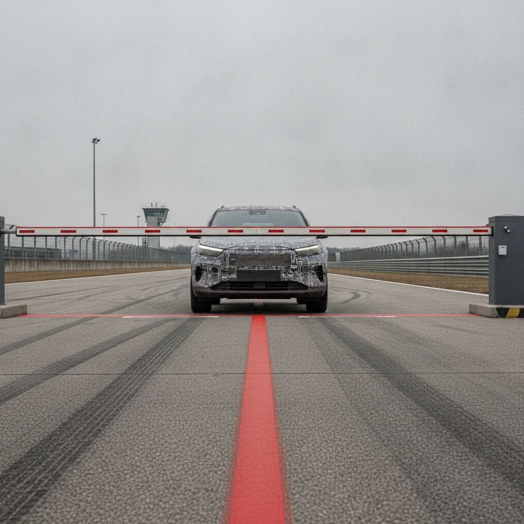 A proving-ground drop-arm barrier across a test track, a bold red threshold line painted on the asphalt, a vehicle stopped exactly at the line — a regression gate.
