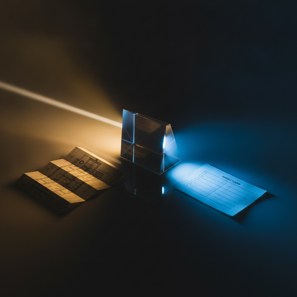 A single glass prism splitting one white beam into two — a warm amber beam landing on a folded blueprint, a cool blue beam landing on an inspection checklist. One source of light, two projections: the spec and the eval are the same intent refracted in two directions.