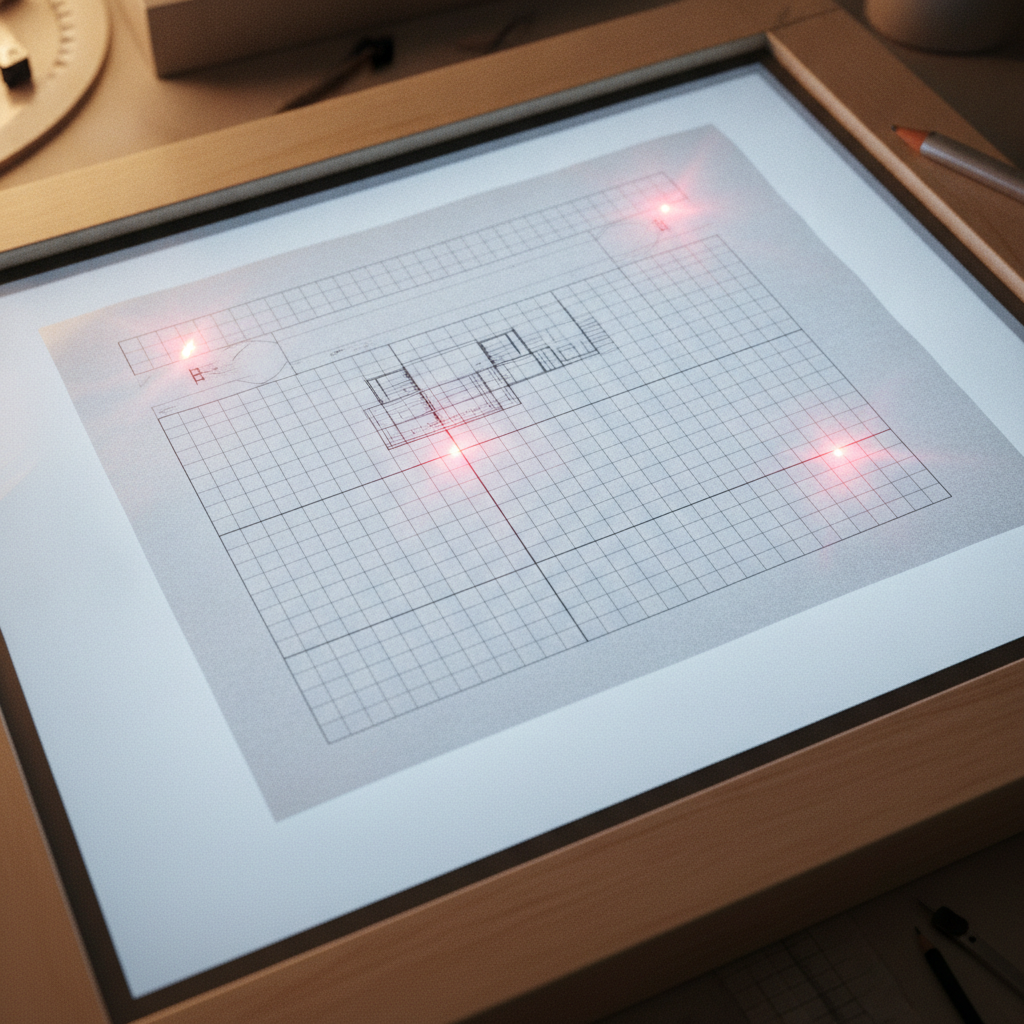A drafting table with two translucent sheets overlaid on a lightbox — a blueprint on top, an inspection checklist beneath — most lines registering perfectly, and three lines glowing red where the two sheets fail to line up.