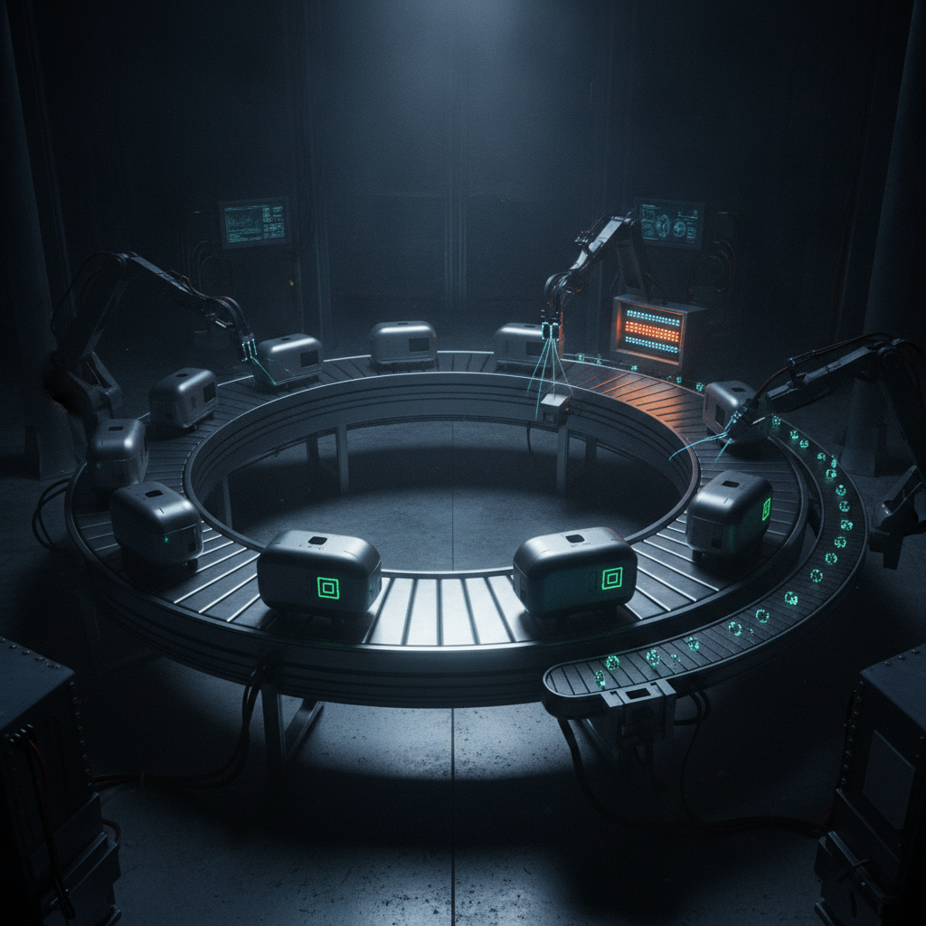 A conveyor loop where each pass runs through a judge station that stamps it and feeds refinements back to the start — run, evaluate, adjust, re-run.