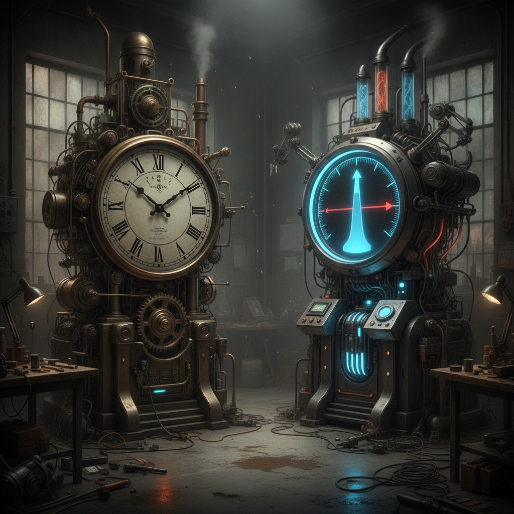 Two machines side by side — one driven by a wall clock (recurring on a schedule), one driven by a gauge filling toward a target (runs until a condition is met).