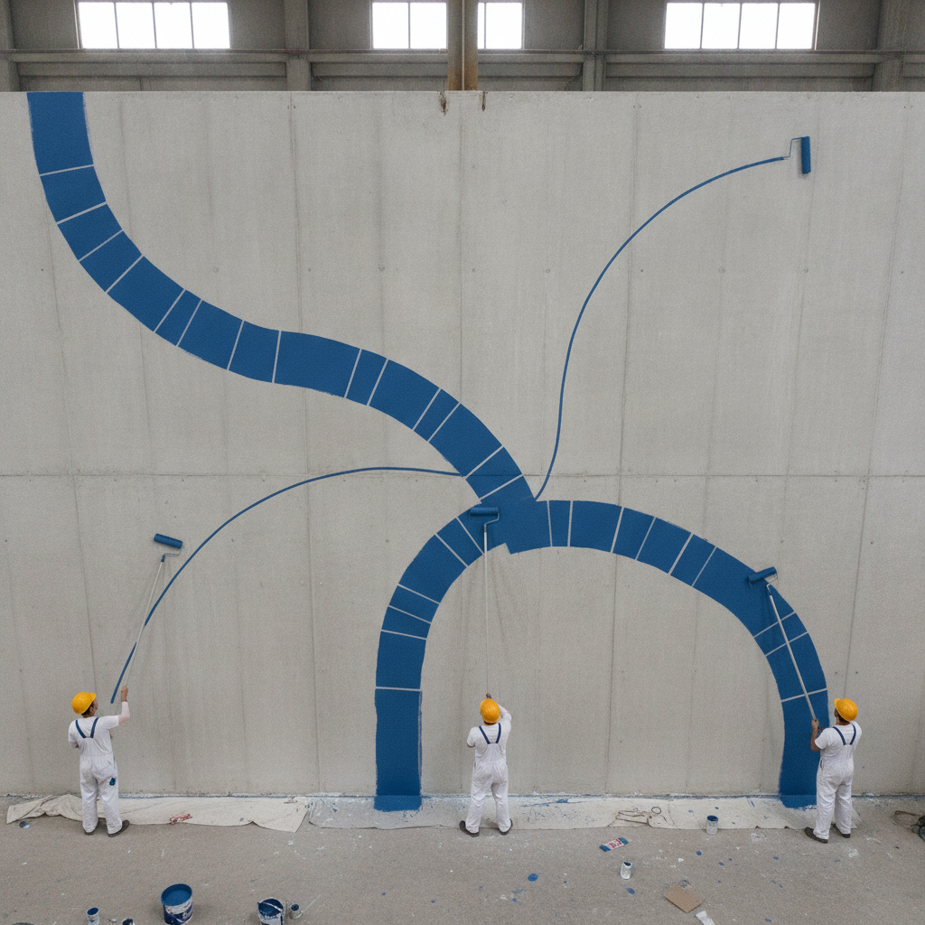 Three workers painting one wall, each to a slightly different chalk guideline that diverges where they meet — each stroke locally perfect, the whole subtly wrong.