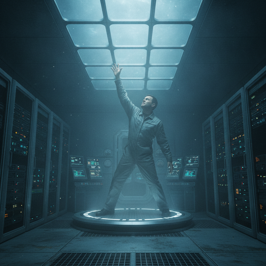An engineer reaching for a glowing ceiling that keeps rising out of reach — operating at last year's ceiling while the ceiling keeps moving up.