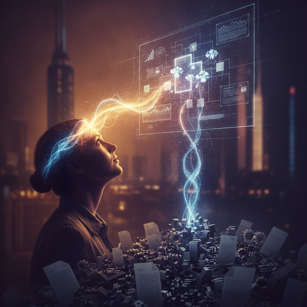 Freed mental energy rising upward from a person into high-level architecture and judgment work instead of boilerplate — redeploy your brain upward.