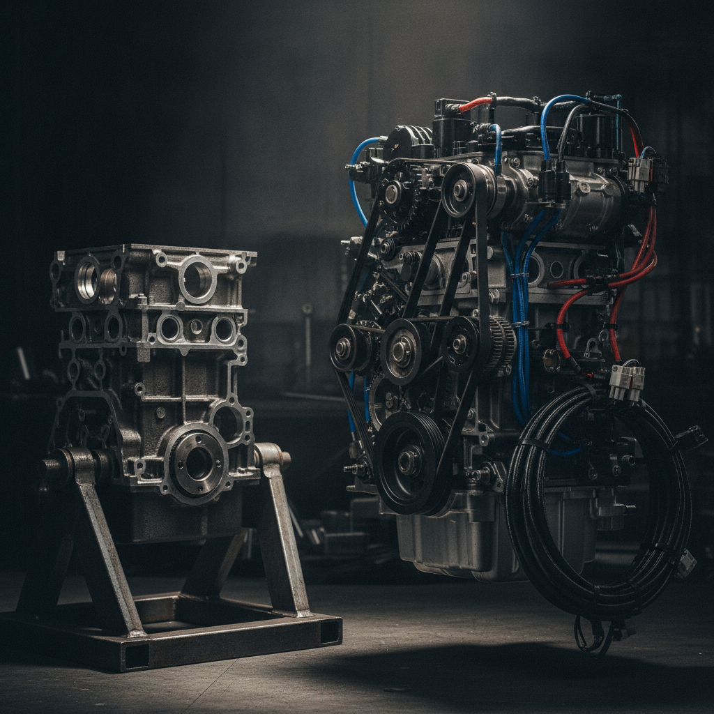 A bare engine on a stand beside the same engine fully harnessed inside a working machine with belts, hoses and feedback cabling — the harness is everything wrapped around the model.
