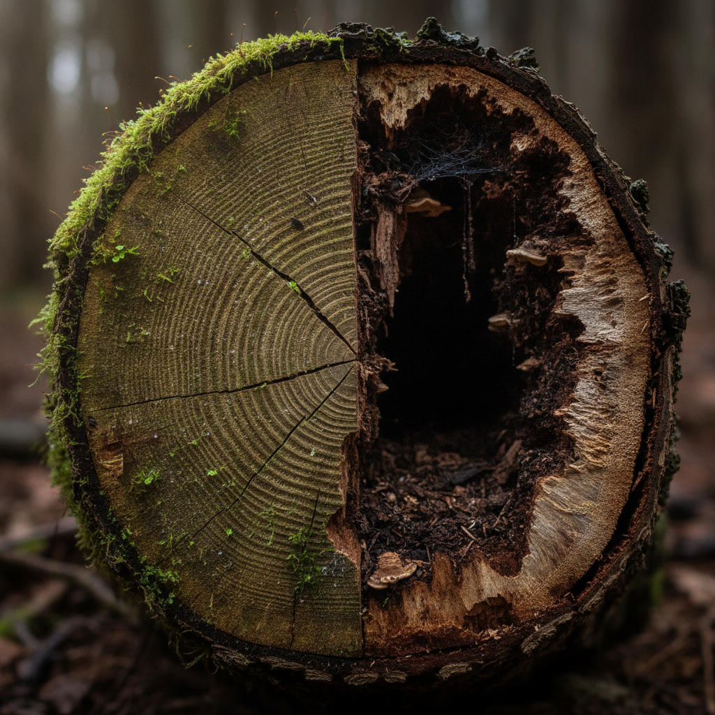 A tree trunk split down the middle — one half lush and thickening its rings, the other hollow and rotting from the inside while the bark still looks intact.