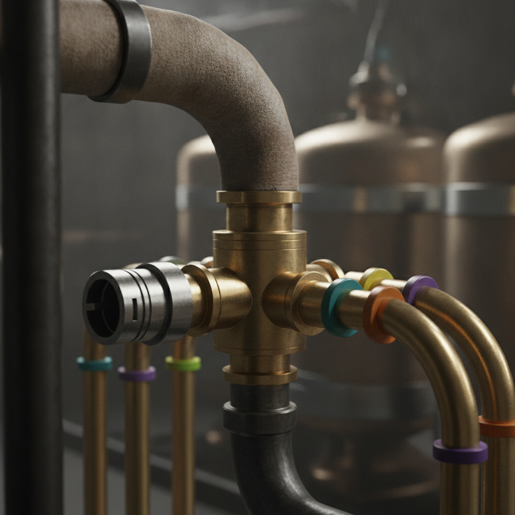 A single inbound pipe feeding a central brass junction box that fans out to labeled outlet pipes running to different provider tanks — one uniform input coupling, many models.