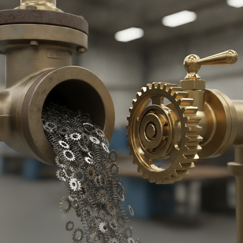 A brass manifold with a wide-open cheap valve passing a stream of small identical parts and a smaller premium valve gated for one large complex gear — route flow by the size of the job.