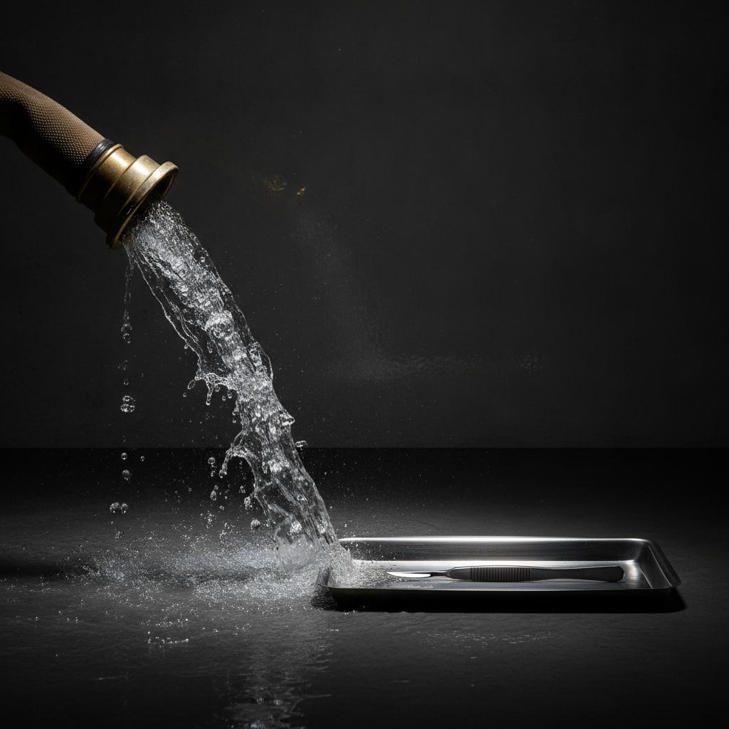 A firehose blasting water beside a precise surgical scalpel — dictation is a firehose, editing is a scalpel.