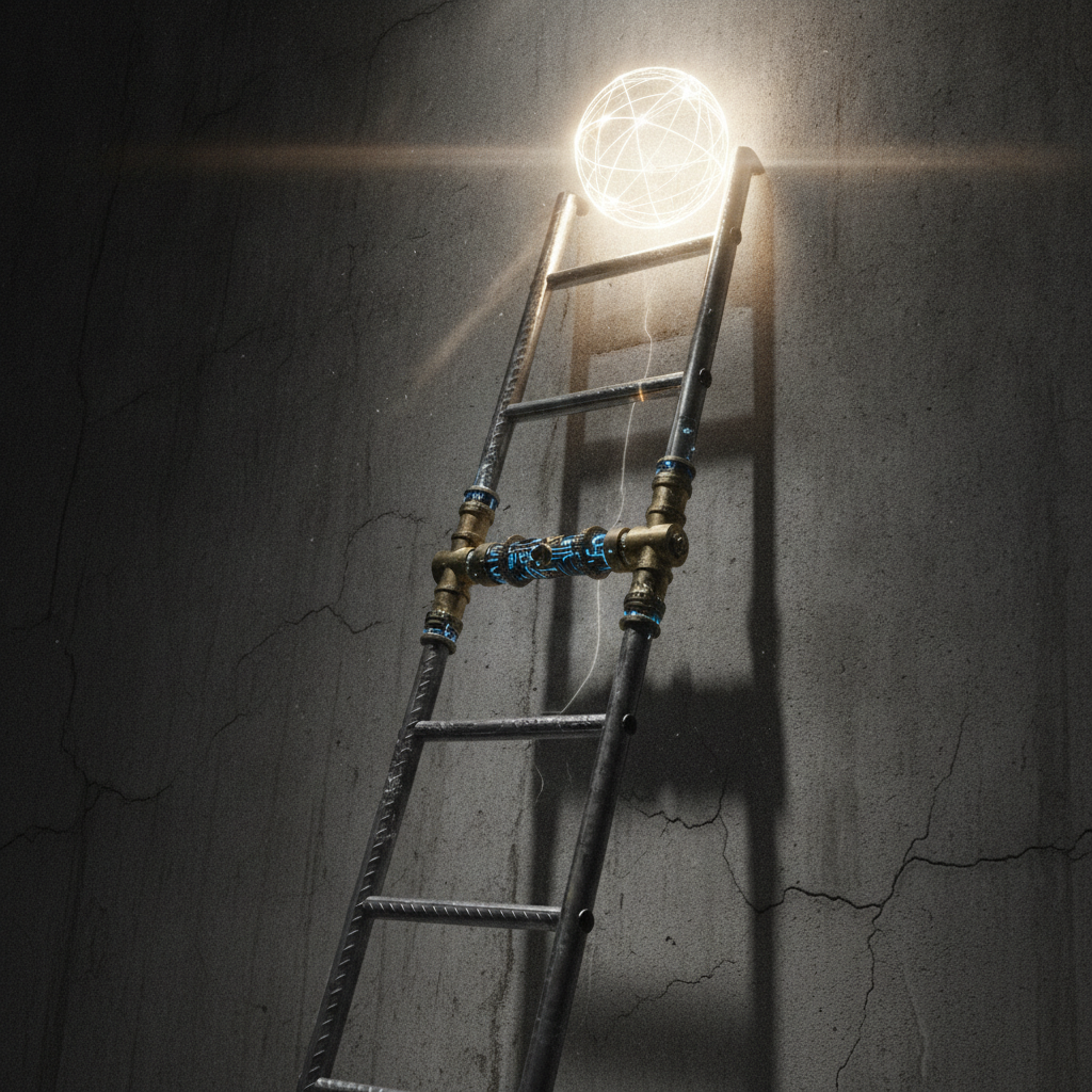 A rustic four-rung wooden ladder ascending against open sky, the top rung catching the light — the climb from autocomplete to agentic.